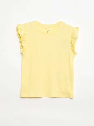 T-shirt canelado com mangas com folhos
