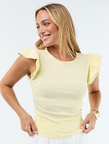 T-shirt canelado com mangas com folhos