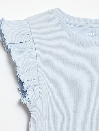 T-shirt canelado com mangas com folhos