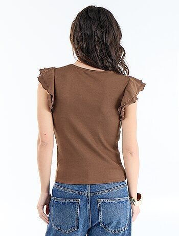 T-shirt canelado com mangas com folhos