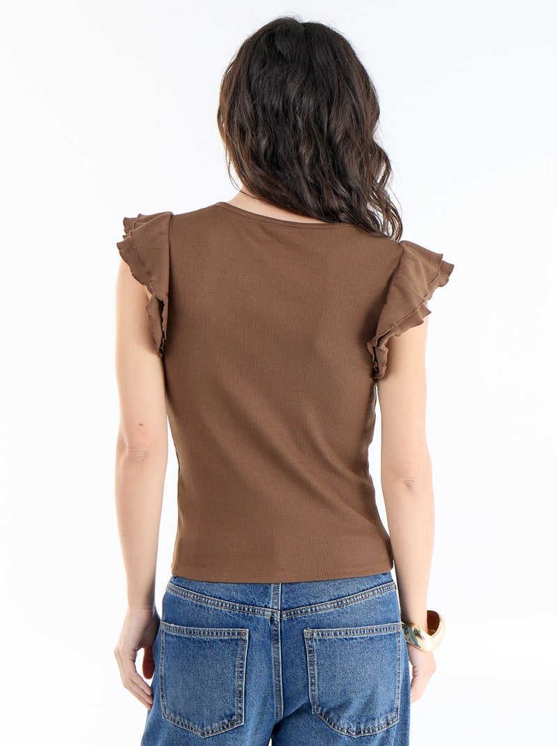 T-shirt canelado com mangas com folhos Castanho - Kiabi