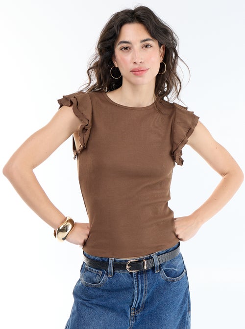 T-shirt canelado com mangas com folhos - Kiabi T-shirt canelado com mangas com folhos - Kiabi