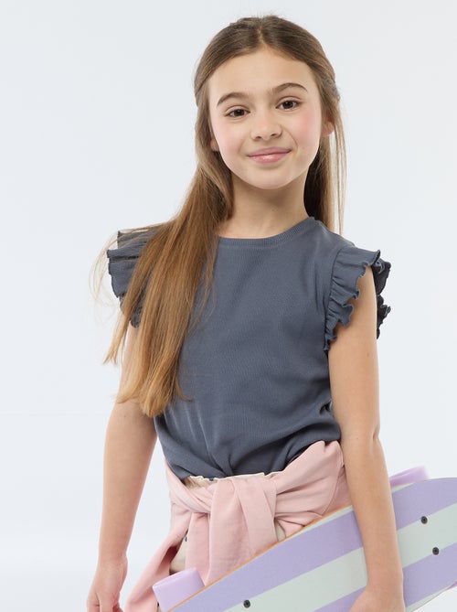 T-shirt canelado com mangas com folhos - Kiabi