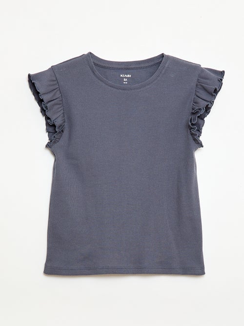 T-shirt canelado com mangas com folhos - Kiabi