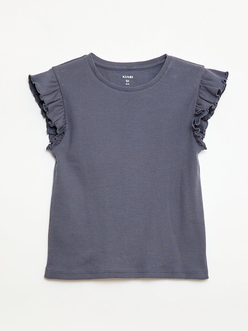T-shirt canelado com mangas com folhos Cinza - Kiabi