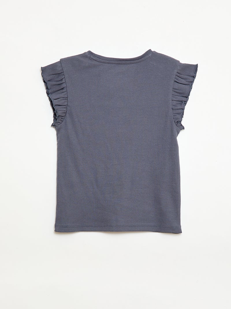 T-shirt canelado com mangas com folhos Cinza - Kiabi