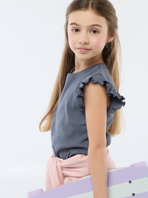 T-shirt canelado com mangas com folhos - Kiabi