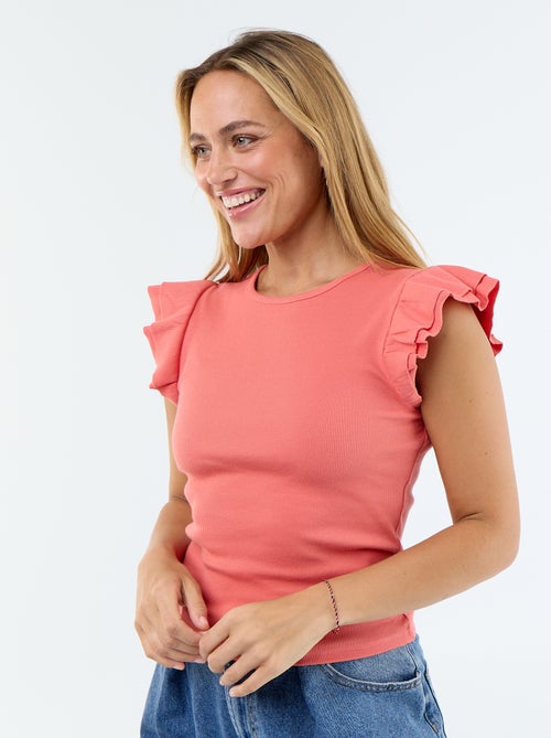 T-shirt canelado com mangas com folhos - Kiabi