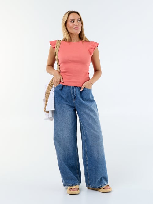 T-shirt canelado com mangas com folhos - Kiabi