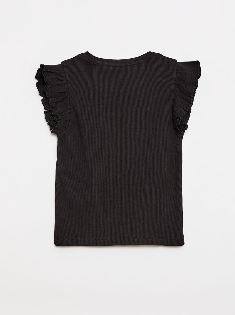 T-shirt canelado com mangas com folhos Preto - Kiabi