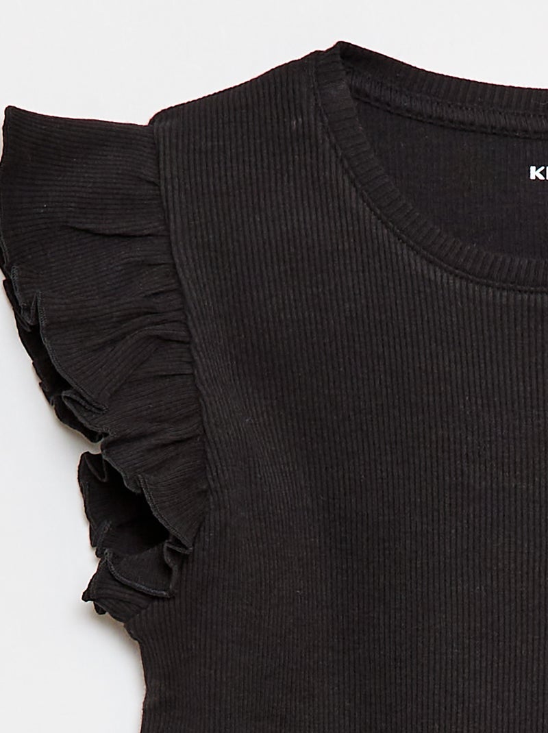 T-shirt canelado com mangas com folhos Preto - Kiabi