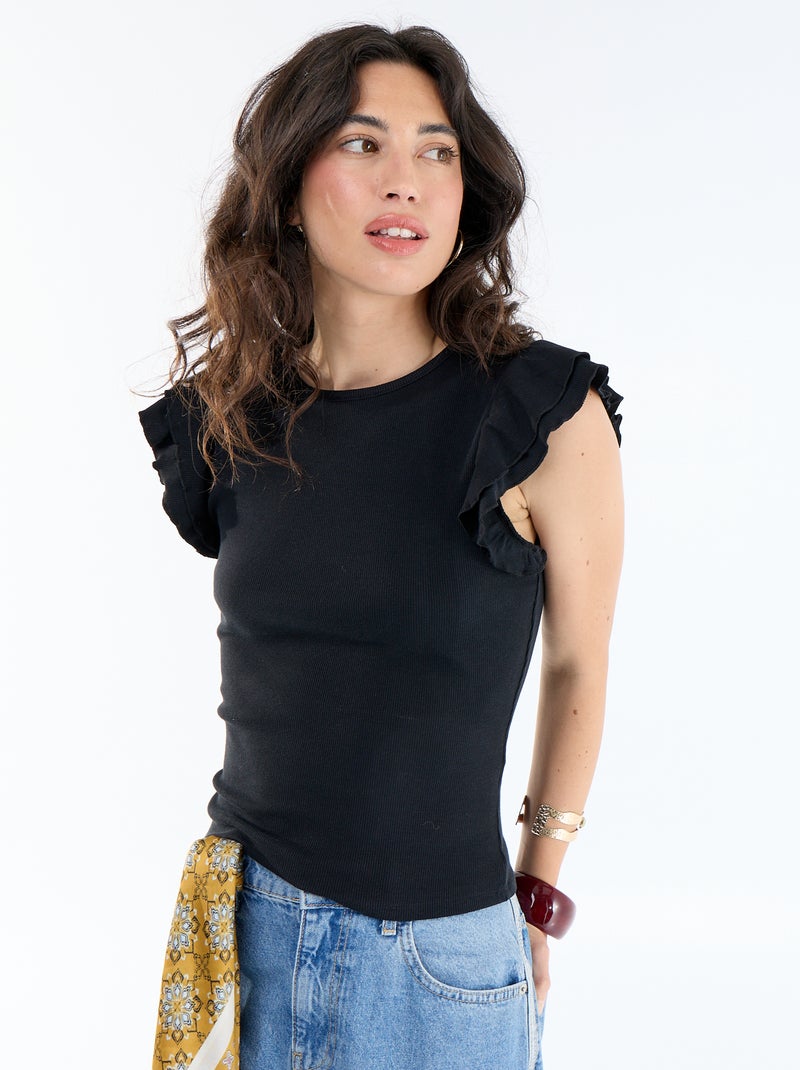 T-shirt canelado com mangas com folhos Preto - Kiabi