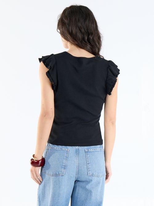 T-shirt canelado com mangas com folhos - Kiabi