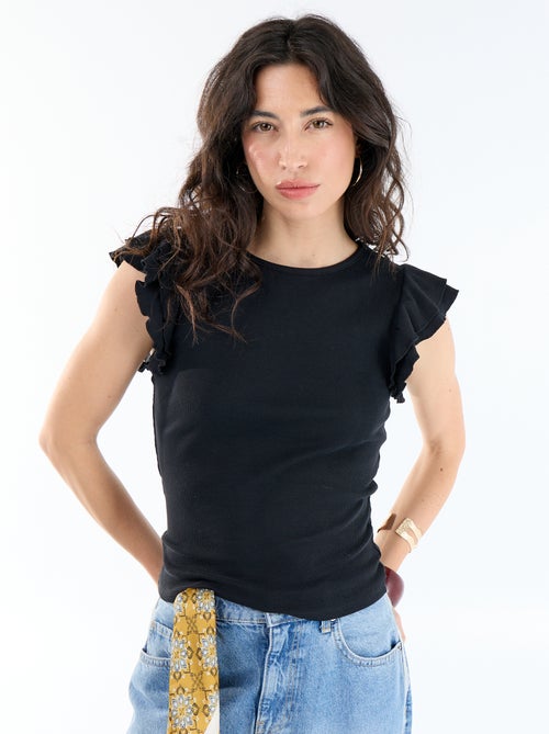 T-shirt canelado com mangas com folhos - Kiabi