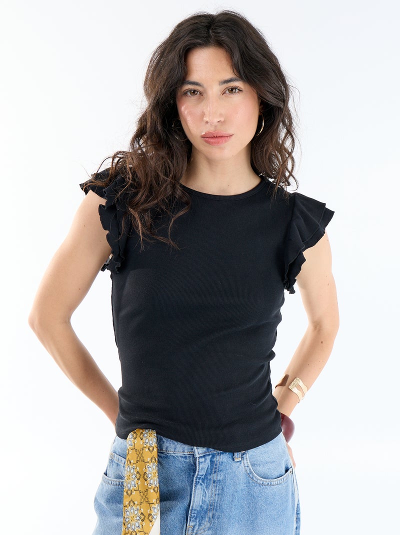 T-shirt canelado com mangas com folhos Preto - Kiabi