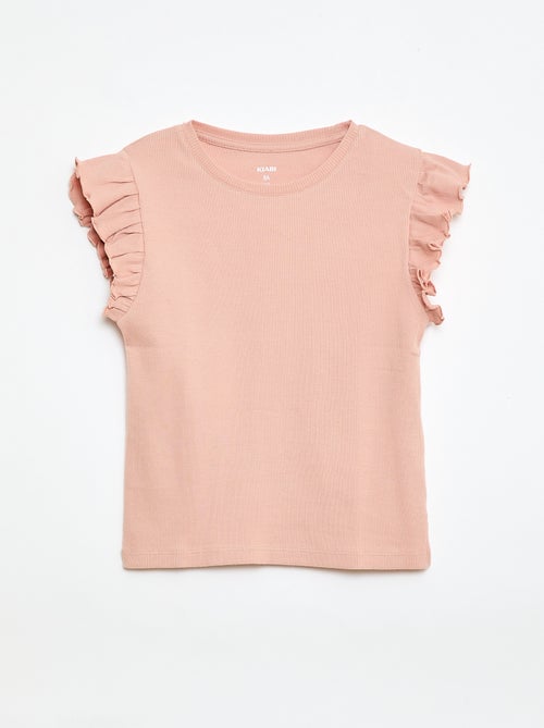 T-shirt canelado com mangas com folhos - Kiabi