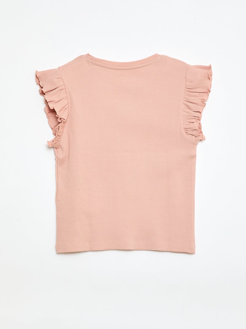 T-shirt canelado com mangas com folhos Rosa - Kiabi