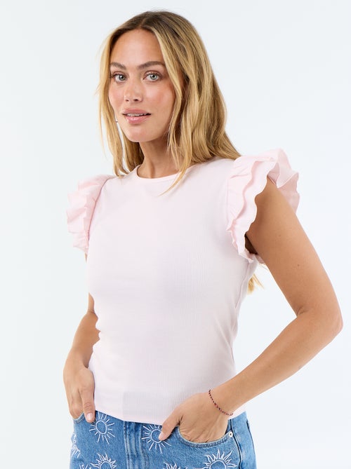 T-shirt canelado com mangas com folhos - Kiabi T-shirt canelado com mangas com folhos - Kiabi
