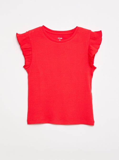 T-shirt canelado com mangas com folhos - Kiabi