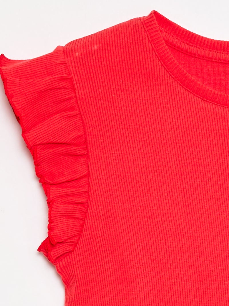 T-shirt canelado com mangas com folhos Vermelho - Kiabi