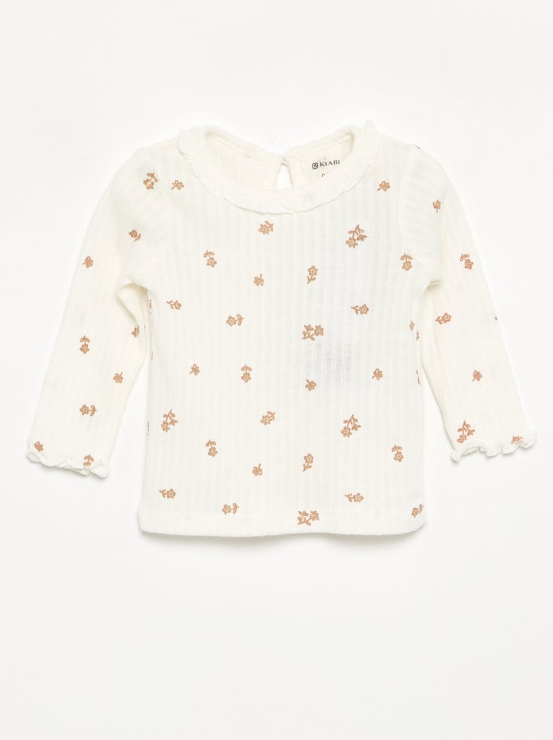 T-shirt canelado com mangas e gola com folhos Bege - Kiabi