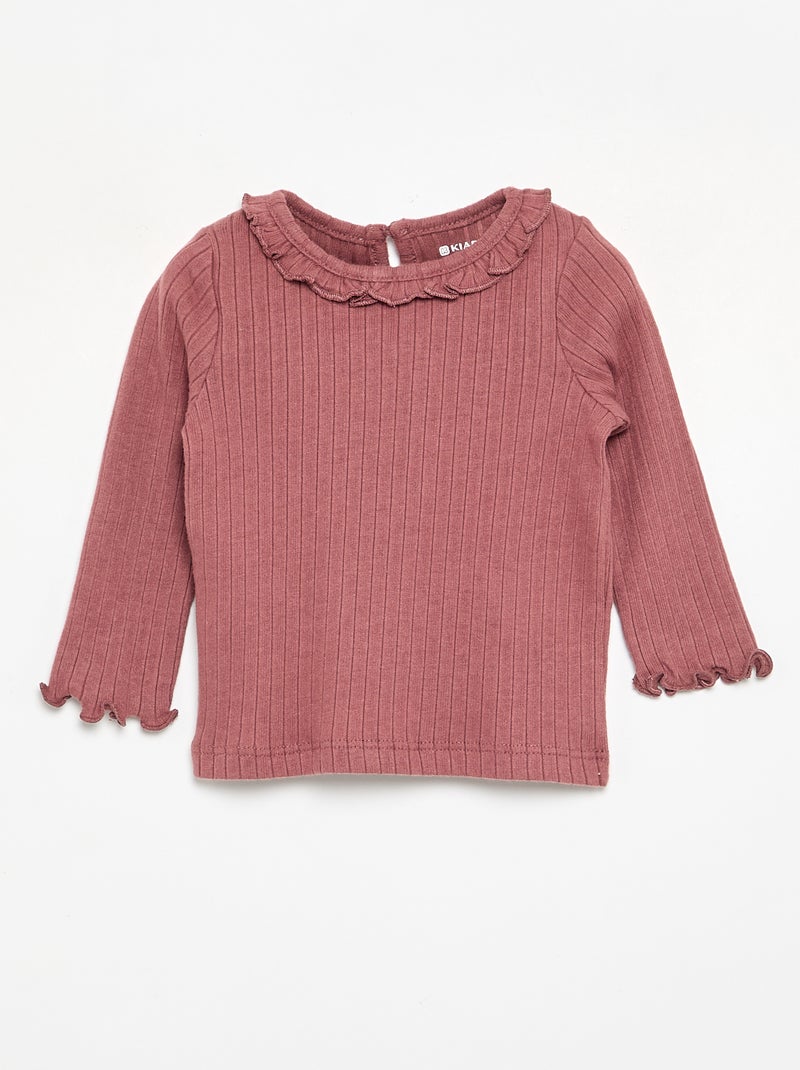 T-shirt canelado com mangas e gola com folhos Rosa - Kiabi