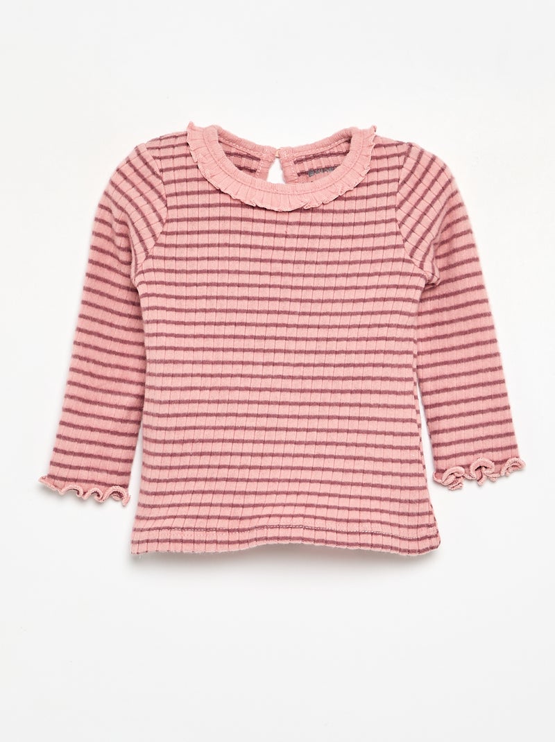 T-shirt canelado com mangas e gola com folhos Rosa - Kiabi