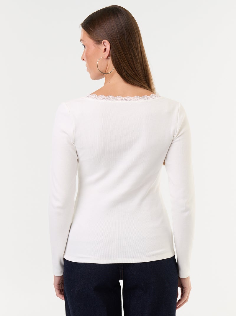 T-shirt canelado com renda na gola Branco - Kiabi