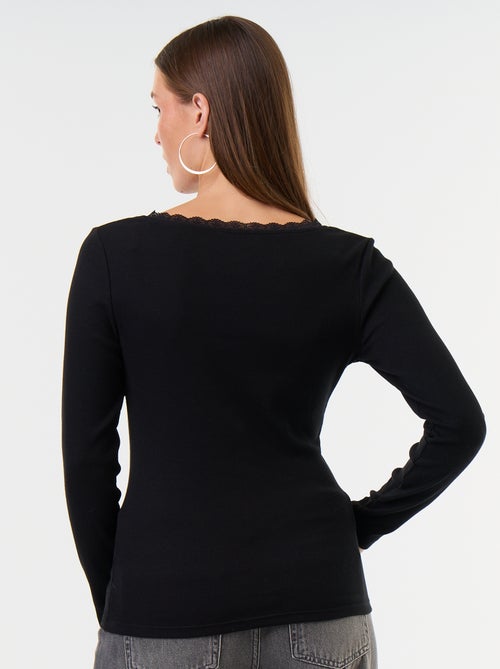 T-shirt canelado com renda na gola - Kiabi