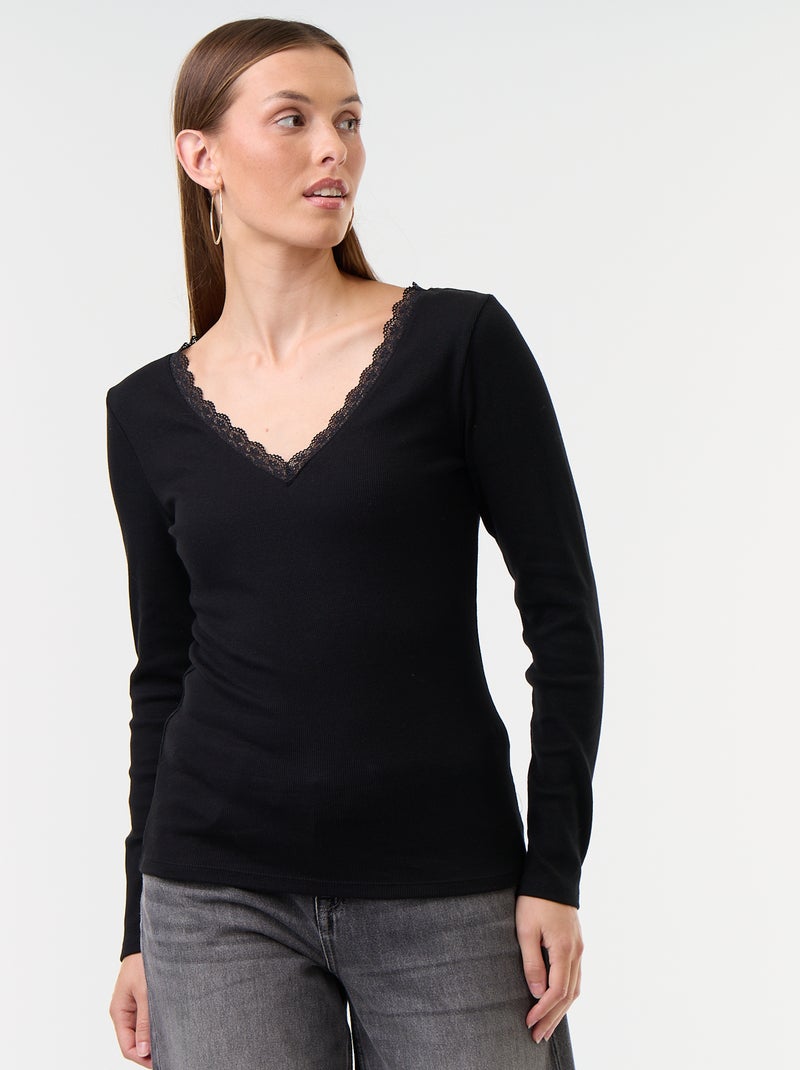 T-shirt canelado com renda na gola Preto - Kiabi