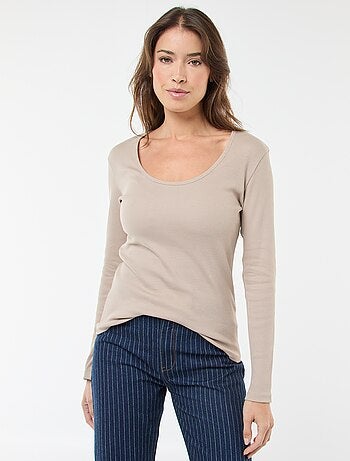 T-shirt canelado de mangas compridas