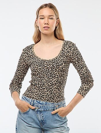 T-shirt canelado de mangas compridas