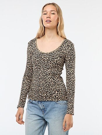 T-shirt canelado de mangas compridas