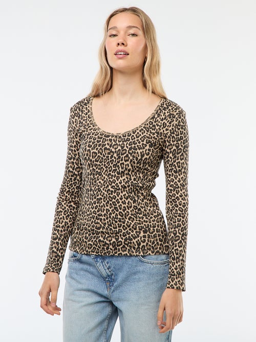 T-shirt canelado de mangas compridas - Kiabi