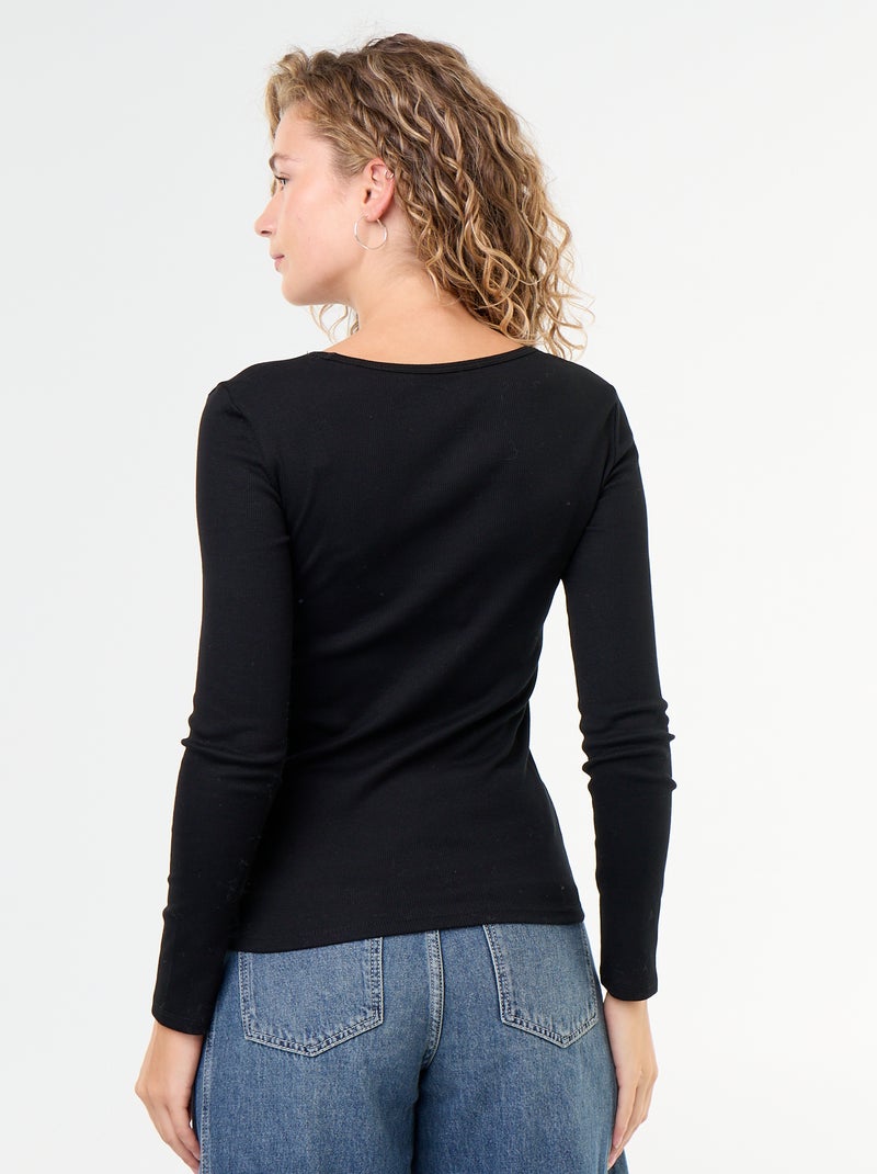 T-shirt canelado de mangas compridas Preto - Kiabi