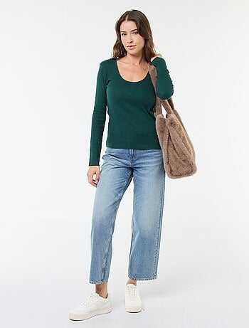 T-shirt canelado de mangas compridas