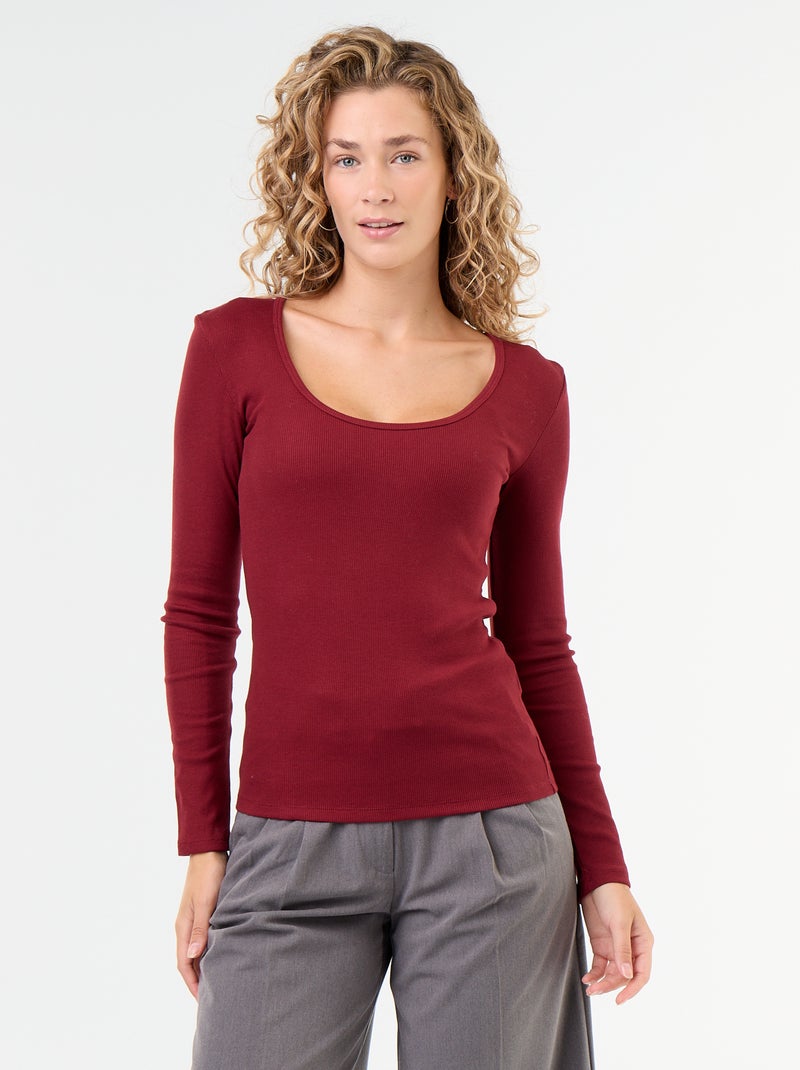 T-shirt canelado de mangas compridas Vermelho - Kiabi
