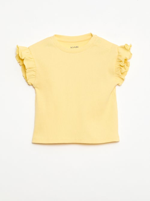 T-shirt canelado de mangas curtas com folhos - Kiabi