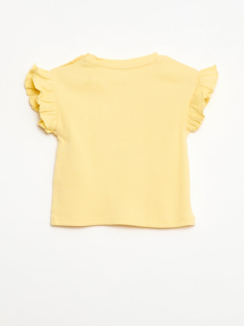 T-shirt canelado de mangas curtas com folhos Amarelo - Kiabi
