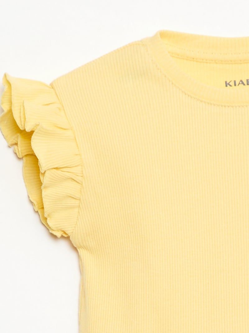 T-shirt canelado de mangas curtas com folhos Amarelo - Kiabi