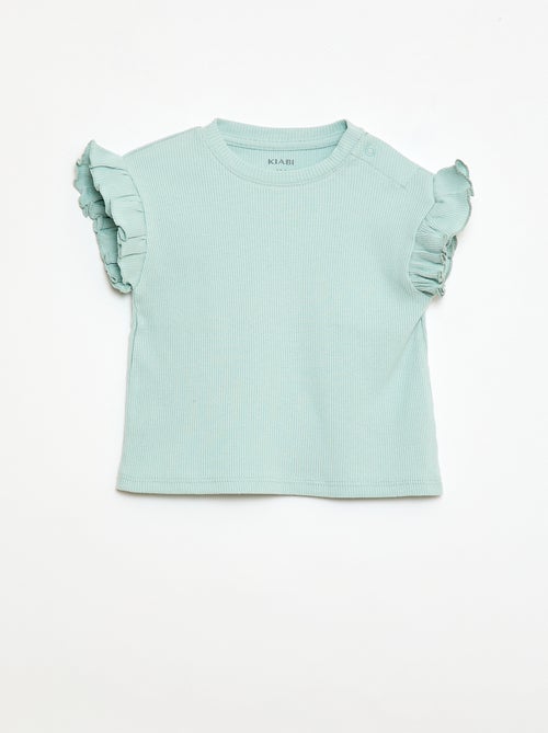 T-shirt canelado de mangas curtas com folhos - Kiabi