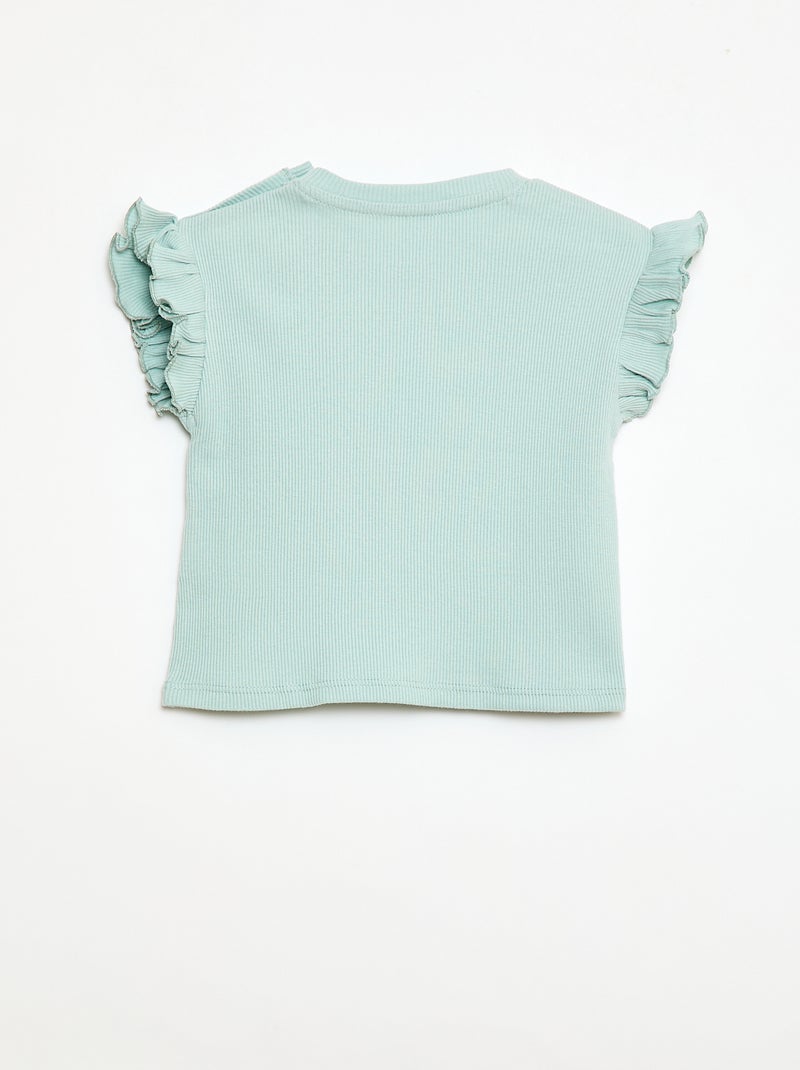 T-shirt canelado de mangas curtas com folhos Azul - Kiabi