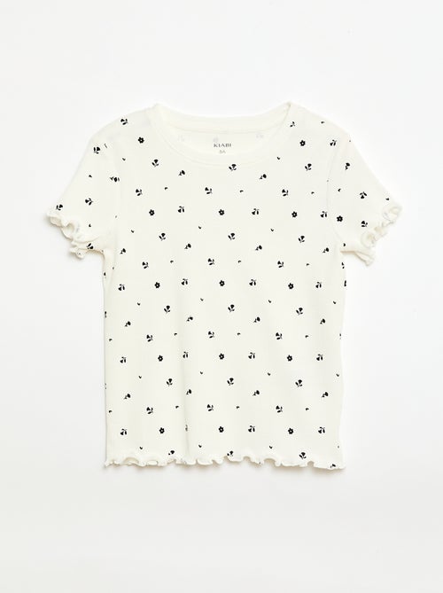 T-shirt canelado de mangas curtas com folhos - Kiabi