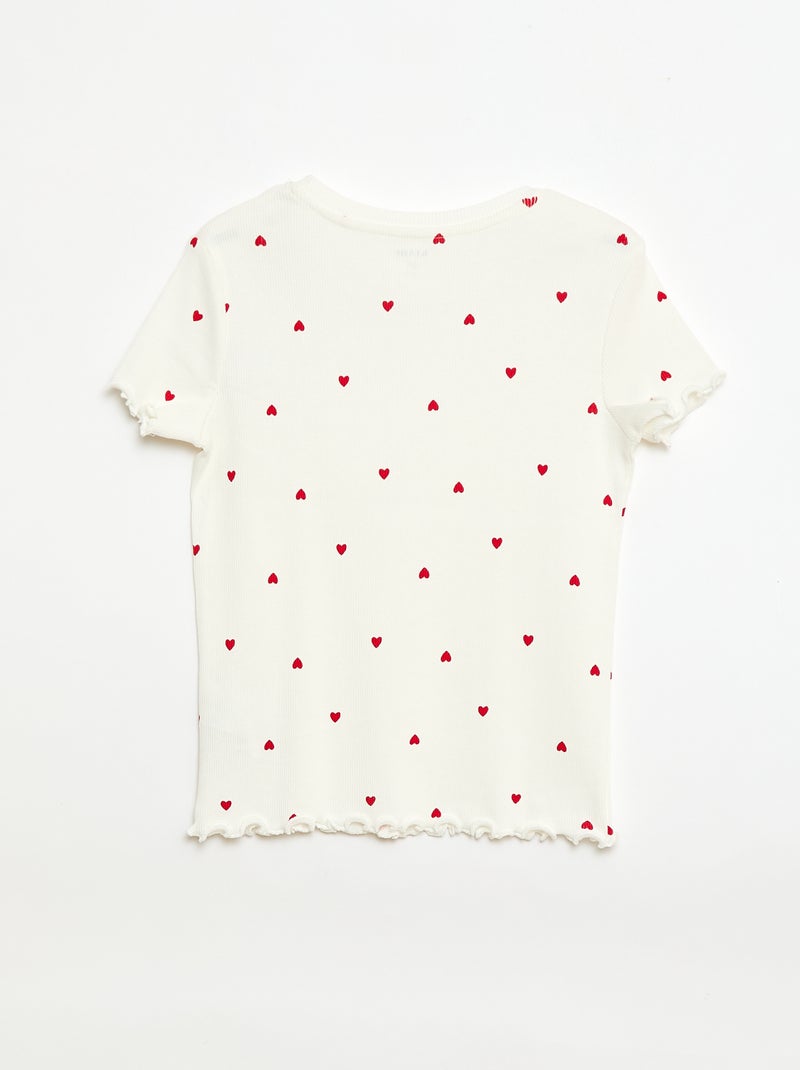 T-shirt canelado de mangas curtas com folhos Branco - Kiabi