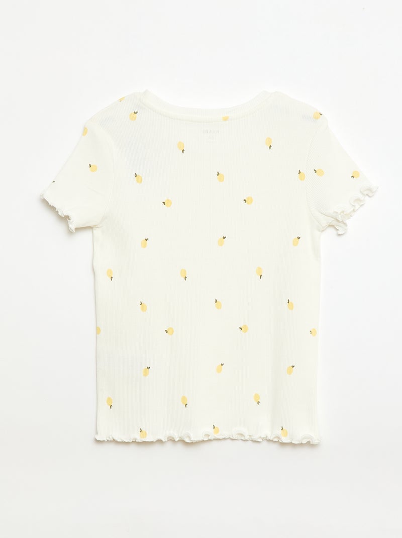 T-shirt canelado de mangas curtas com folhos Branco - Kiabi