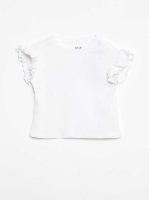 T-shirt canelado de mangas curtas com folhos - Kiabi