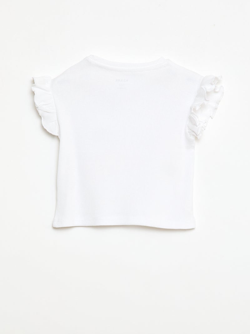 T-shirt canelado de mangas curtas com folhos Branco - Kiabi