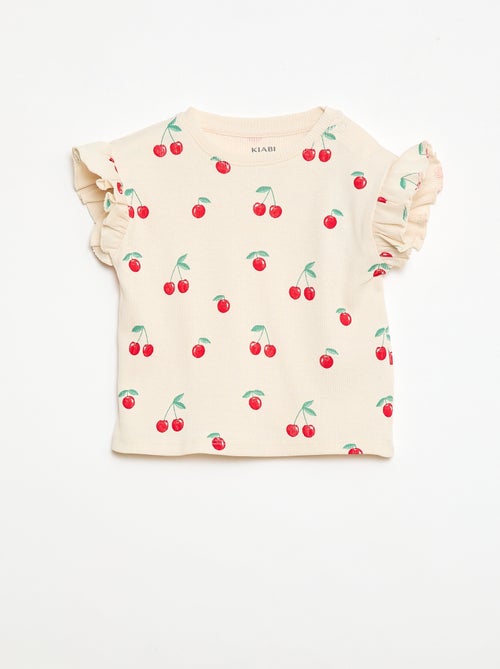 T-shirt canelado de mangas curtas com folhos - Kiabi