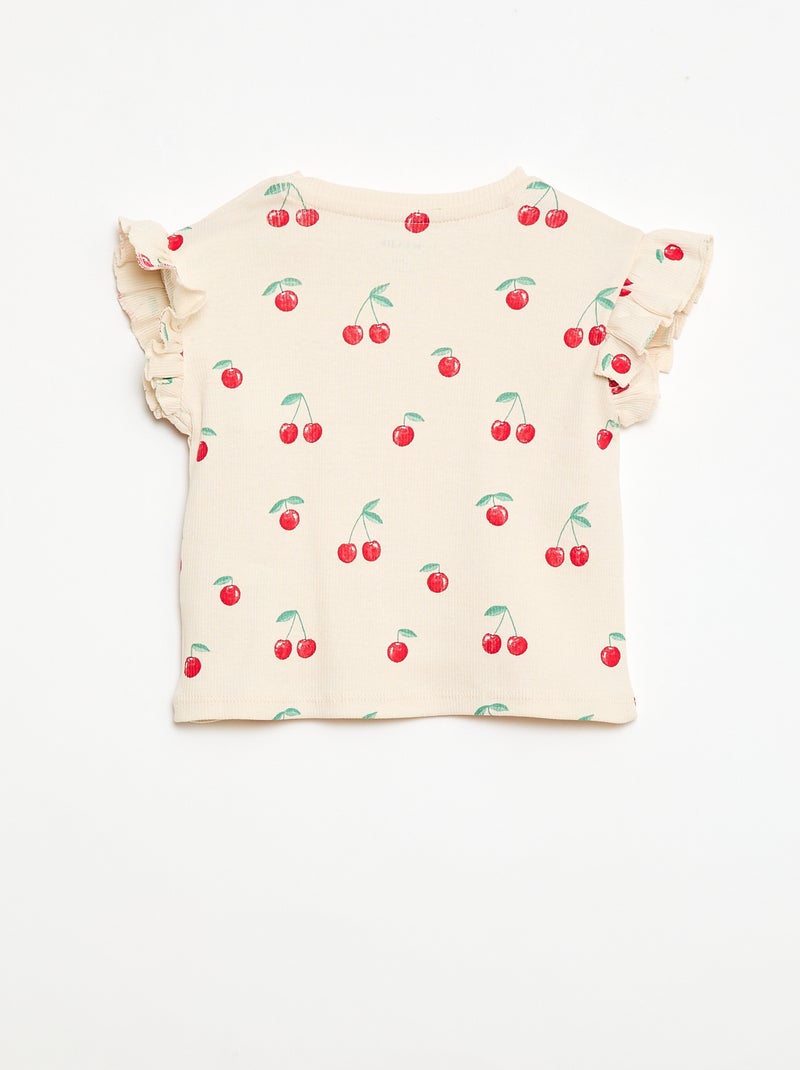 T-shirt canelado de mangas curtas com folhos Branco - Kiabi