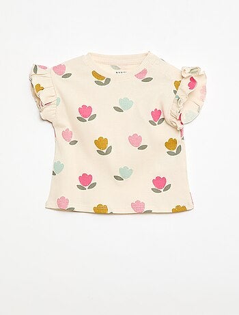 T-shirt canelado de mangas curtas com folhos